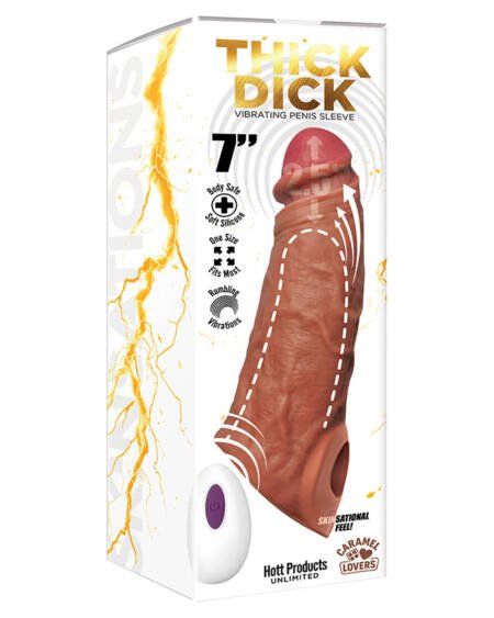 Skinsations Thick Dick Vibrating Sleeve with Remote-Caramel