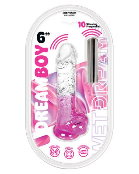 Wet Dreams Dream Boy Vibrating Jelly Dildo-Clear Magenta 6"